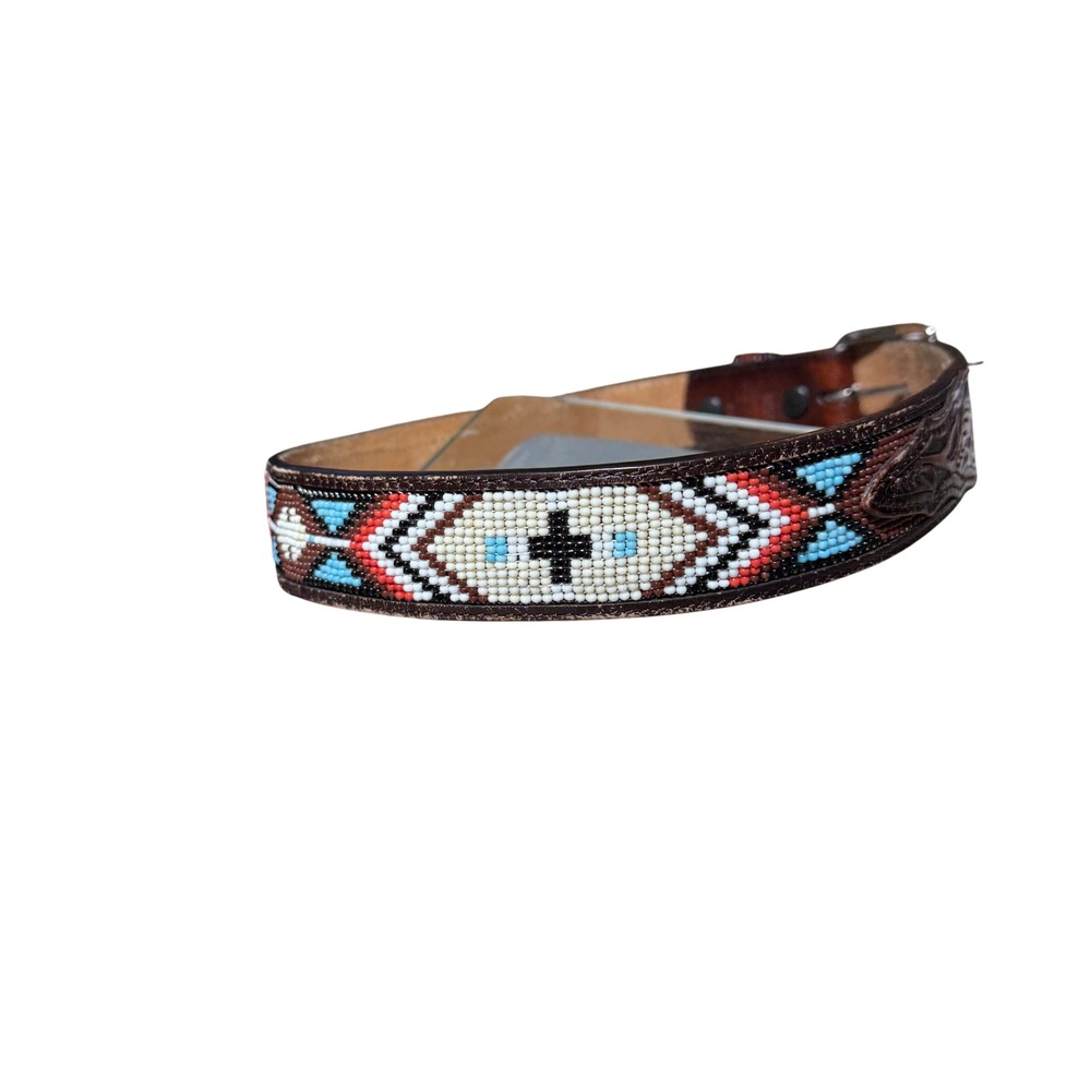 3D Belt Co Hand Tooled Leather Beaded Cross Belt Brown Western 24